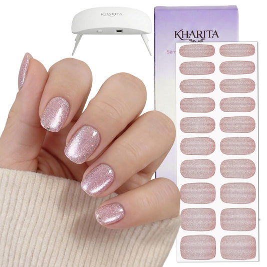 KHARITA Semi Cured Gel Nail Strips – Real Gel Nail Polish Wraps for Brittle Nails | Long Lasting Easy Peel-Off Removal | Hema-Free | 20-Piece Glitter Cat Eye Pink Salon Sticker Kit with UV Light