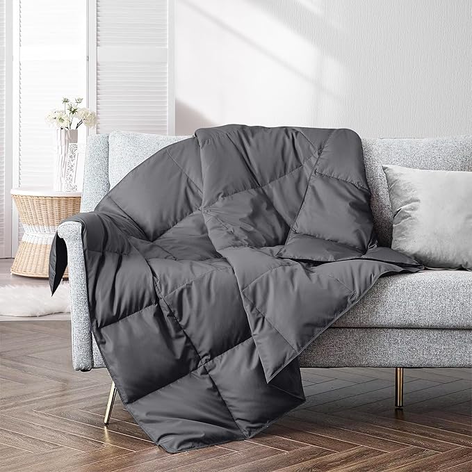 puredown® Upgraded Feather Down Throw Blanket – 12oz Enhanced Filling for Better Warmth & Comfort, Lightweight & Packable, 50" x 70", Gray