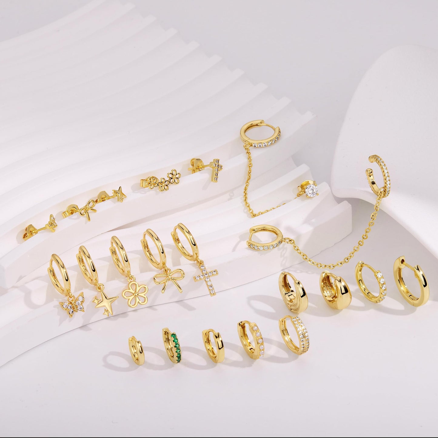 Gold Star Earrings for Women,Huggie Small Stack Cartilage Hoop Cross Stud Earring Sets for Multiple Double Piercing, Conch Helix Rook Tragus Daith Piercing Gold Clip On Jewelry Set Gifts
