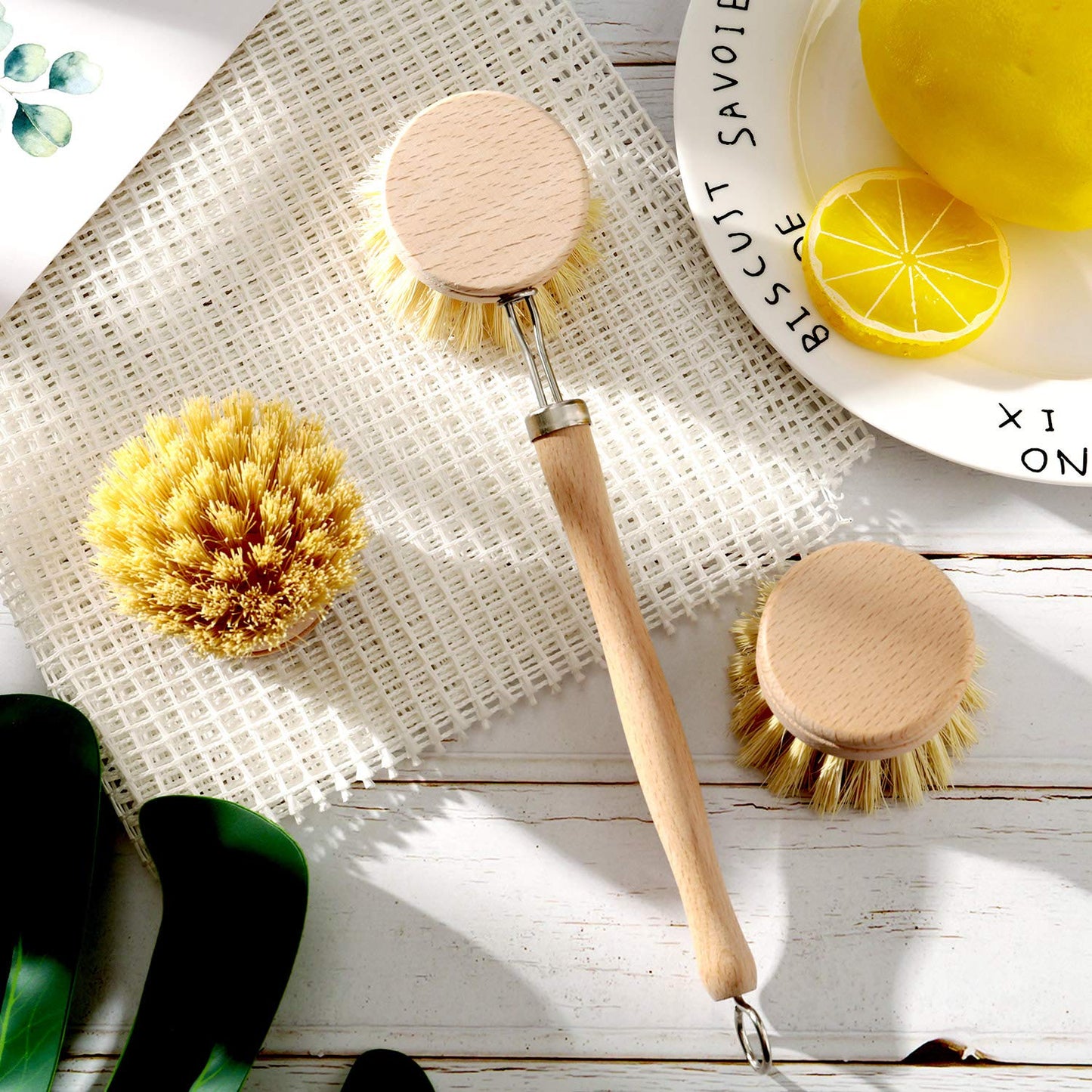 Boao Dish Brush with Beechwood Handle with 2 Replacement Heads Natural Wood Dish Scrub Brush for Washing and Cleaning Pots and Pans
