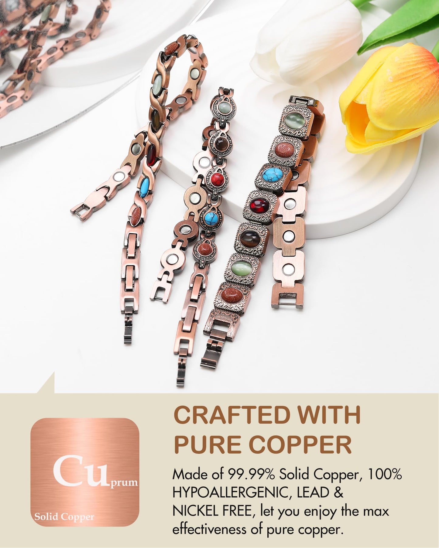 Feraco Pure Copper Bracelets for Women, Ultra Strength Magnetic Copper Bracelet with 3800 Gauss Magnets, Natural Turquoise & Stones, Adjustable, Jewelry Gift
