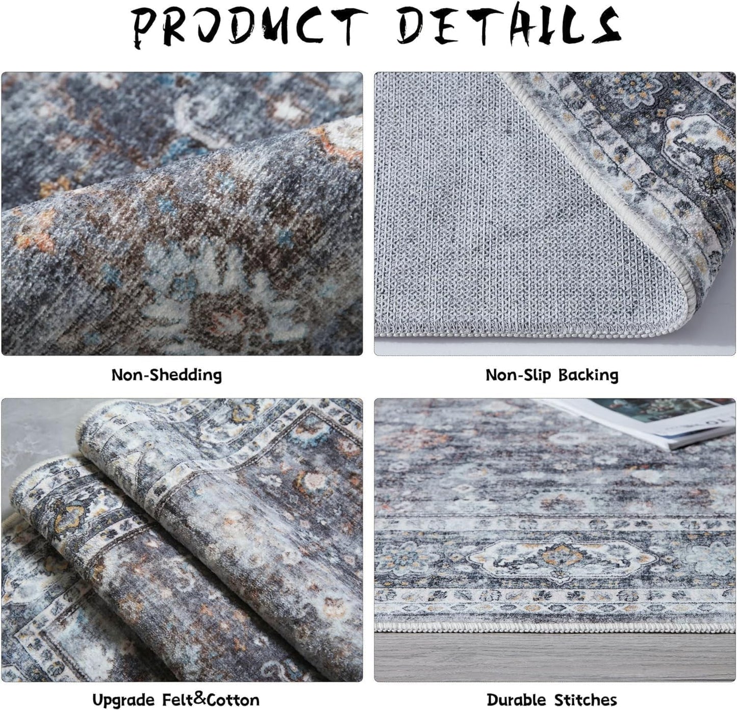 Runners for Hallways Kitchen Runner Rug Non Slip 2'x10' Long Washable Rugs with Rubber Backing Soft Vintage Carpet Runner for Hallways, Kitchen, Laundry, Bedroom, Bathroom (Grey)
