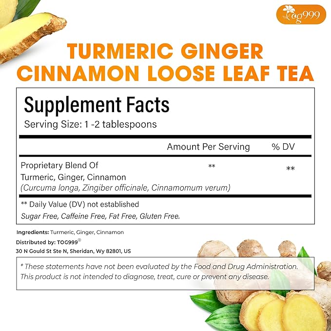 TOG999, Premium 12oz/200 cups Ginger Turmeric Cinnamon Loose Leaf Herbal Tea. Improve Digestion, Support Brain, Weight, Skin and Sleep. Premium Quality Spiced Blend. No Sugar, No Caffeine, No Gluten, Vegan.