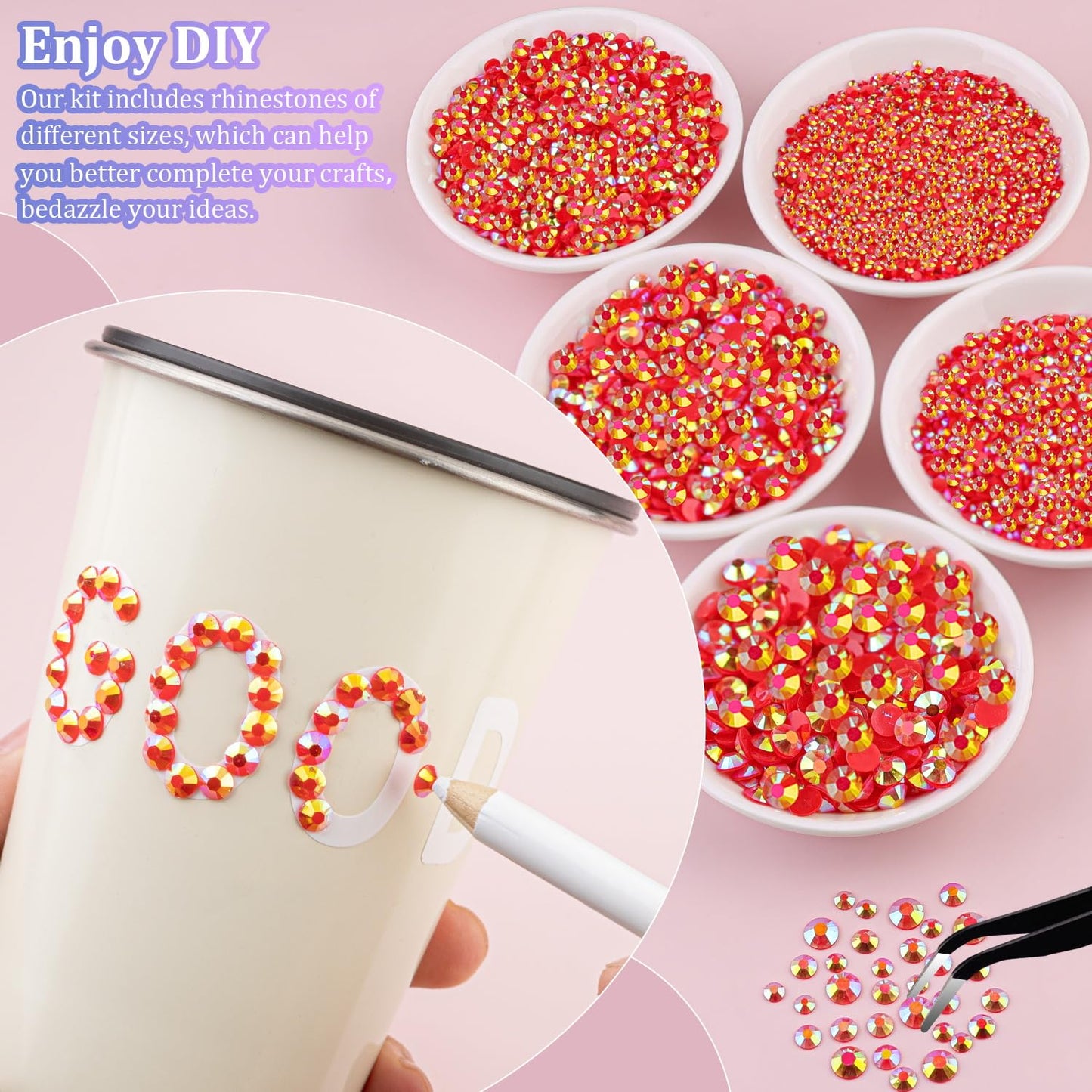 30000Pcs Red AB Rhinestones for Bedazzling with B7000 Jewelry Glue, Bedazzler Kit Flatback Gems, Resin Rhinestones for Crafting Crafts Clothing Shoes Fabric Nail Art Assorted Size 2/3/4/5/6mm
