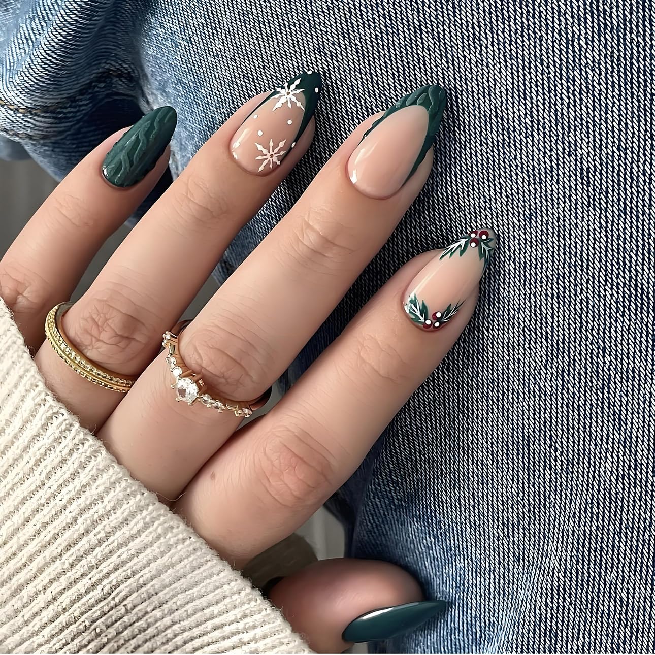LPOODDNU Christmas Press on Nails Almond - Green French Tip Medium Fake Nails with Snowflake Designs, Glossy Finished Reusable False Nails with Adhesive Glue Tabs - 24Pcs Nail Kit for Women Manicure
