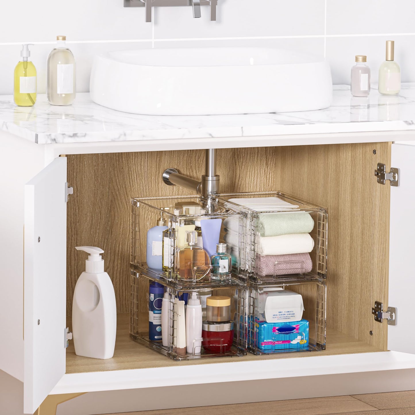 Vtopmart 4 Pack Large Stackable Storage Drawers,Easily Assemble Acrylic Bathroom Closet Undersink Organizers and Storage,Plastic Bins for Kitchen Cabinets,Pantry,Makeup,Medicine Organization