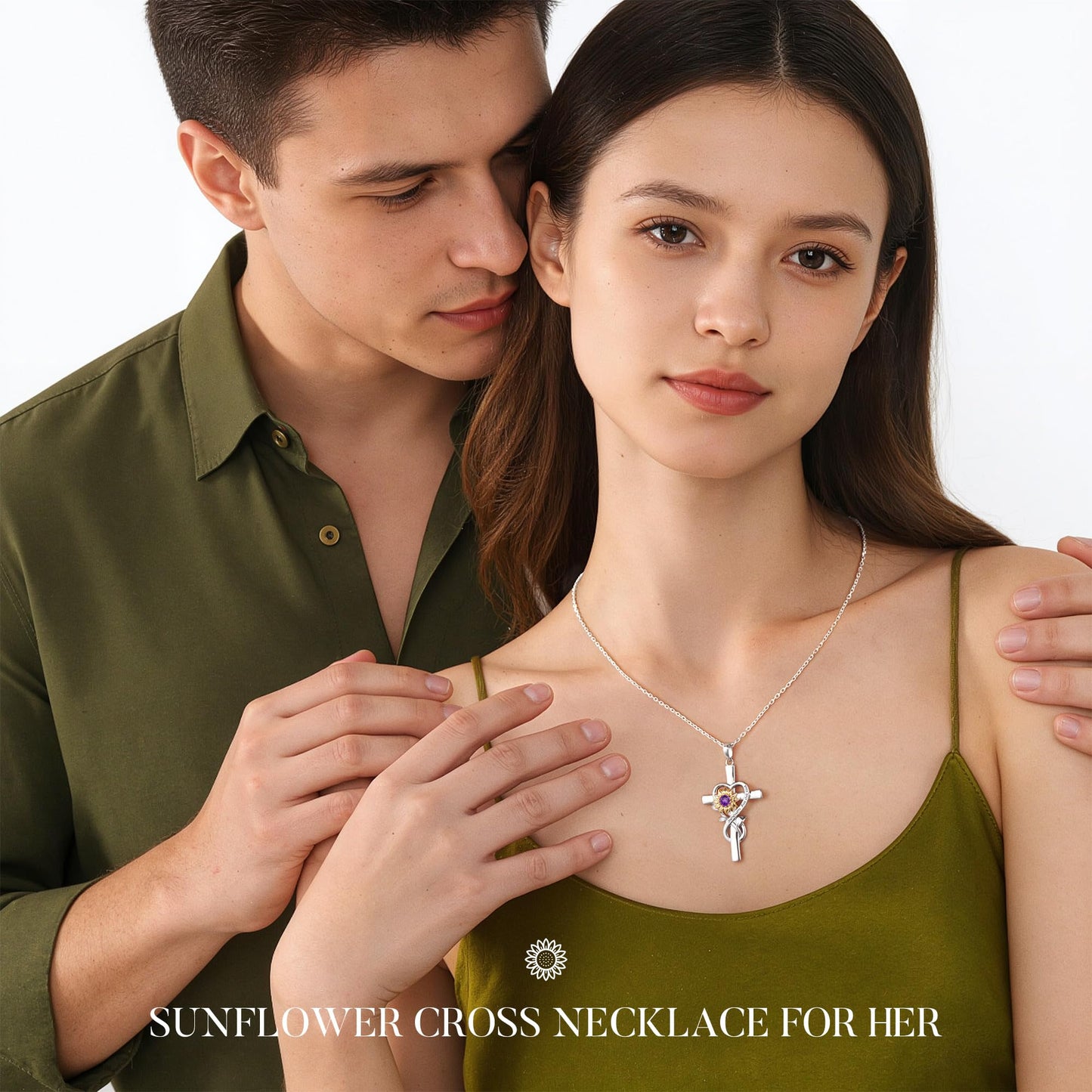 Iefil Cross Sunflower Necklaces for Wife - Simulated Sapphire Necklace, September Jewelry | Anniversary Birthday Gifts for Women, Sunflower Gifts