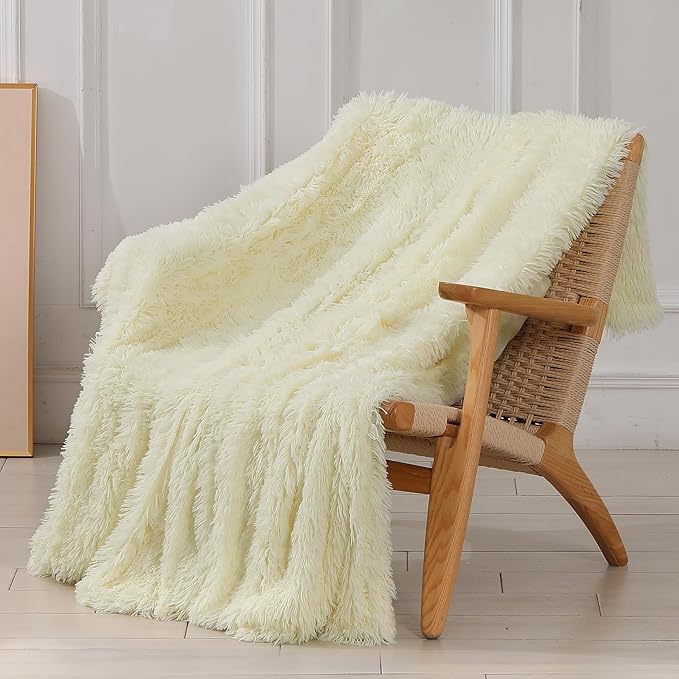 Tuddrom Decorative Extra Soft Faux Fur Blanket Twin Size 70" x 78",Solid Reversible Fuzzy Long Hair Shaggy Fluffy Cozy Plush Fleece Comfy Microfiber Blanket for Couch Sofa Bed,Light Yellow
