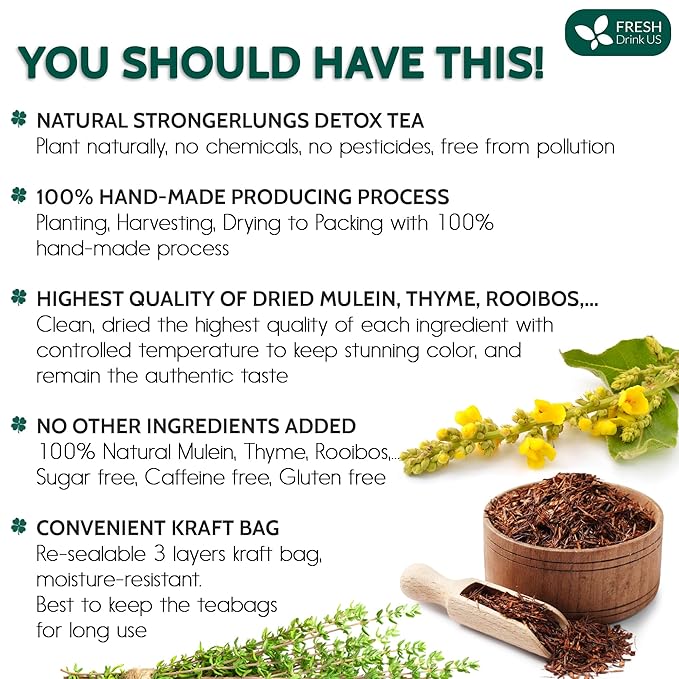 FreshDrinkUS, StrongerLungs 40 Tea Bags - Mullein Leaf, Ginseng, Elderberry, Ginger & Thyme - Supports Lung Cleanse, Congestion Relief & Mucus Detox - Caffeine-Free & All-Natural