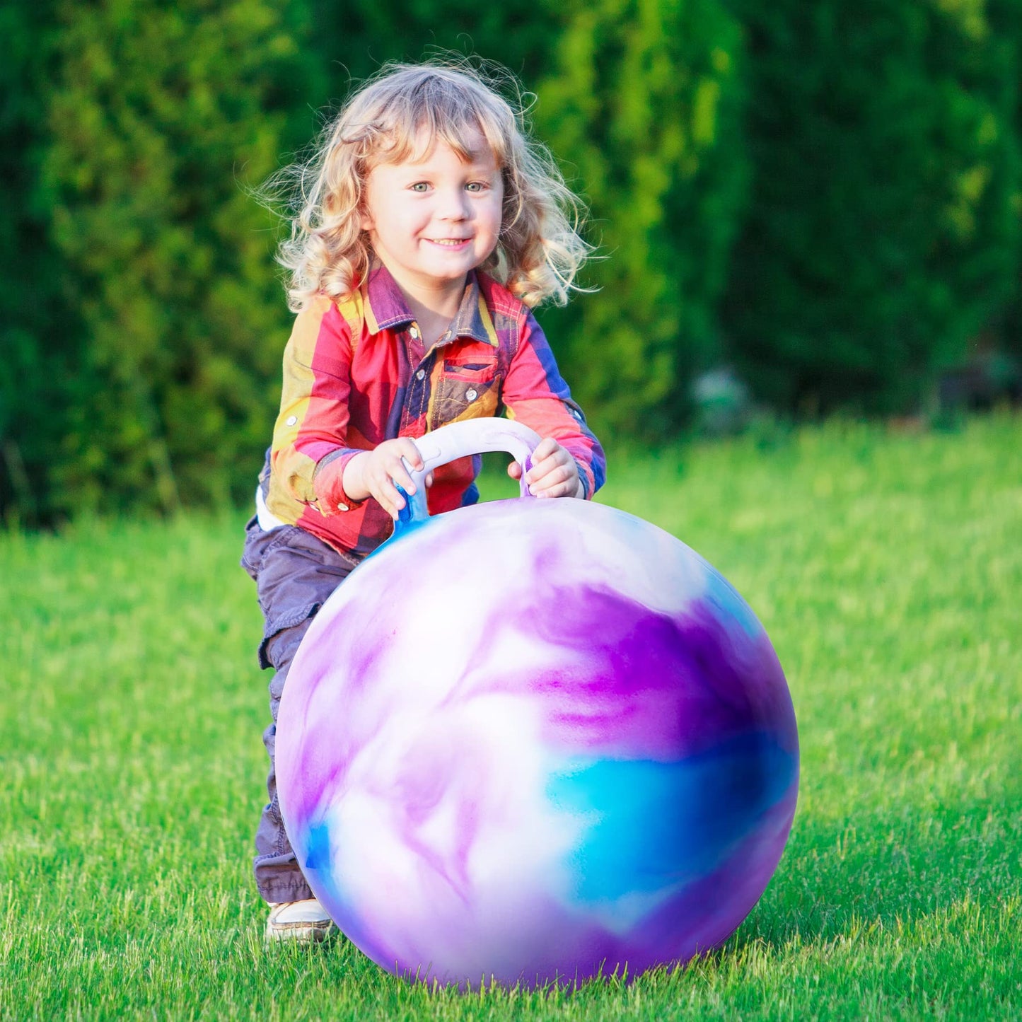 ZOOJOY Hopper Ball, Hopping Toys for Kids, 20 inch Bouncy Ball with Handle for Boys Girls Aged 5-12, Inflatable Clouds Bounce Hopper Toy with Pump