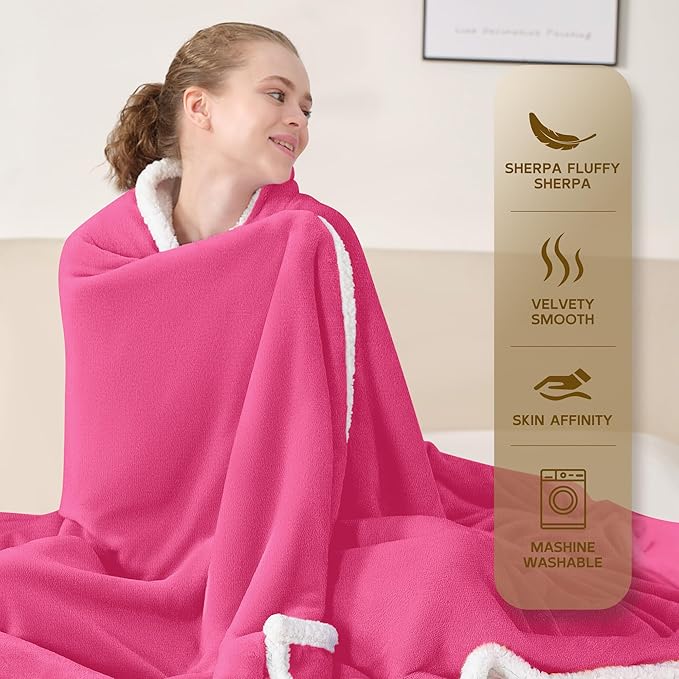 BEAUTEX Sherpa Fleece Throw Blankets, Soft Fluffy Flannel Plush Blanket and Throw, Fuzzy Cozy Pink Cuddle Blankets for Couch Bed Sofa Adults (50" x 60", Pink)
