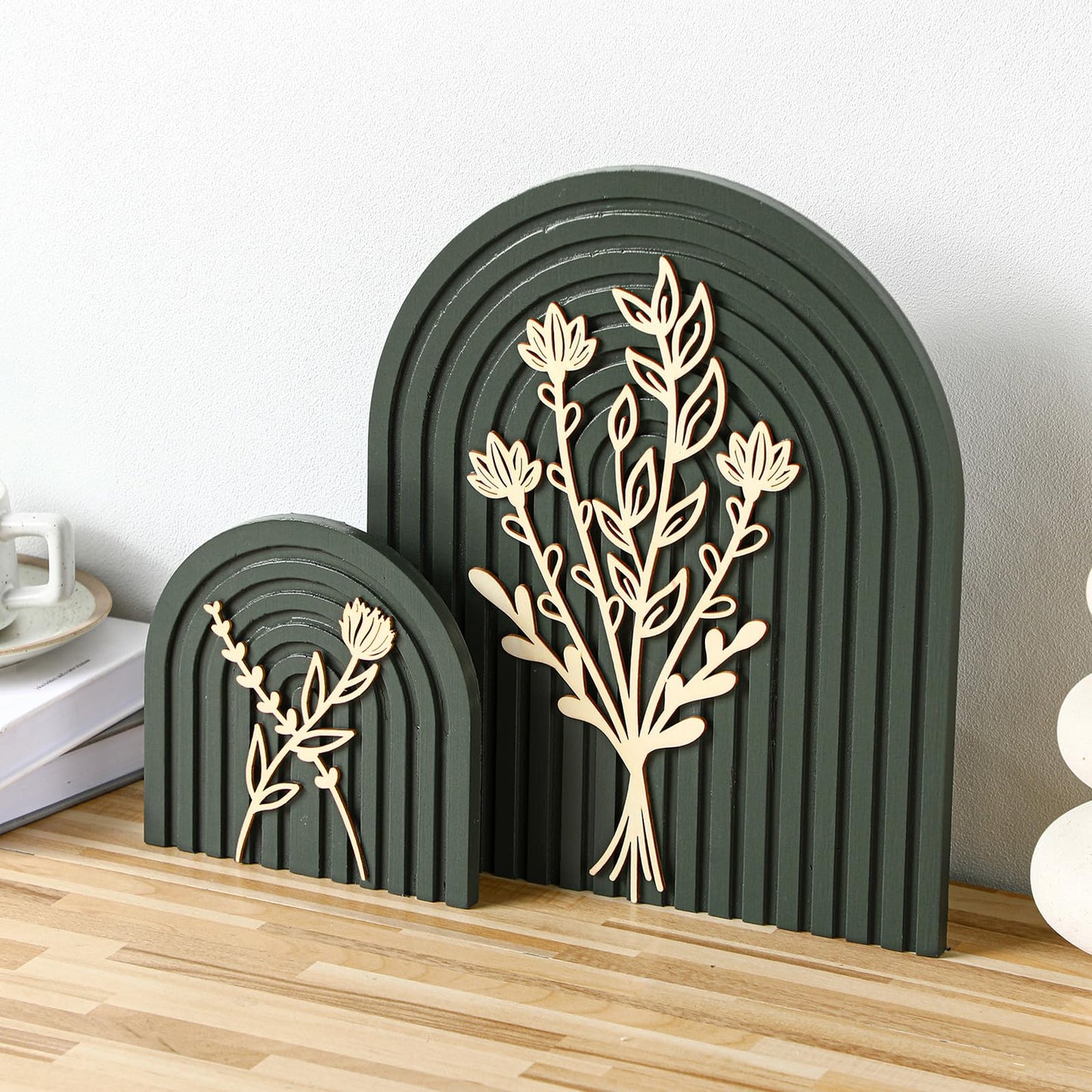 Cinnvoice Set of 2 Wood Rainbow Arches Boho Decor Boho Rainbow Arch Rustic Farmhouse Art for Shelves Farmhouse Wall Decor Floral Mid Century Home Wall Art for Living Room Kitchen Bedroom(Green,Gold)