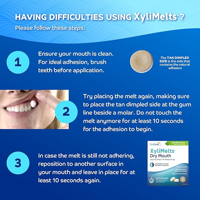 Oracoat XyliMelts for Dry Mouth Night Time or Day - Moisturizing Dry Mouth Adhering Discs, Sugar Free with Xylitol, 40 Count, Mild Mint Flavor, 8-Hour Relief