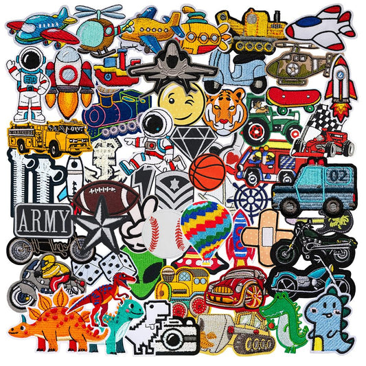 60 Pcs Random Assorted Preppy Boy's Iron on Embroidered Patches,Cute Aesthetic Boy Theme Car Dinosaur Ball Sew on Applique Patches for DIY Backpacks Pants Clothes Jeans Jackets Shirts Shoes