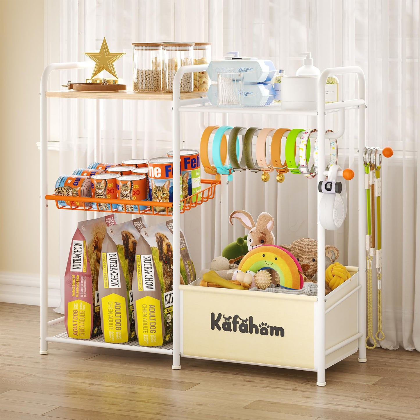 KAFAHOM Dog Toy Bin, Multi-Functional Dog Toy Basket with Collar Rod & Can Dispenser, Puppy Essentials Shelf, Dog Stuff Box, Perfect Basket for Dog Toys in Living Room, Great Gift for Pet Lovers