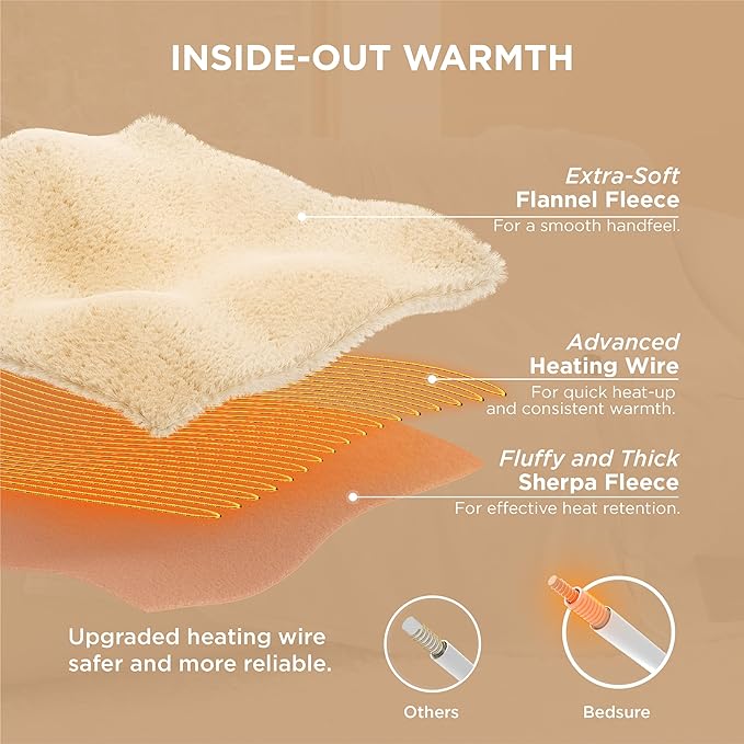 Bedsure Heated Blanket Electric Throw - Soft Flannel Electric Blanket, Heated Throw with 4 Time Settings & 6 Heat Settings, Warm Gift for Grandma (50x60 inches, Cream)