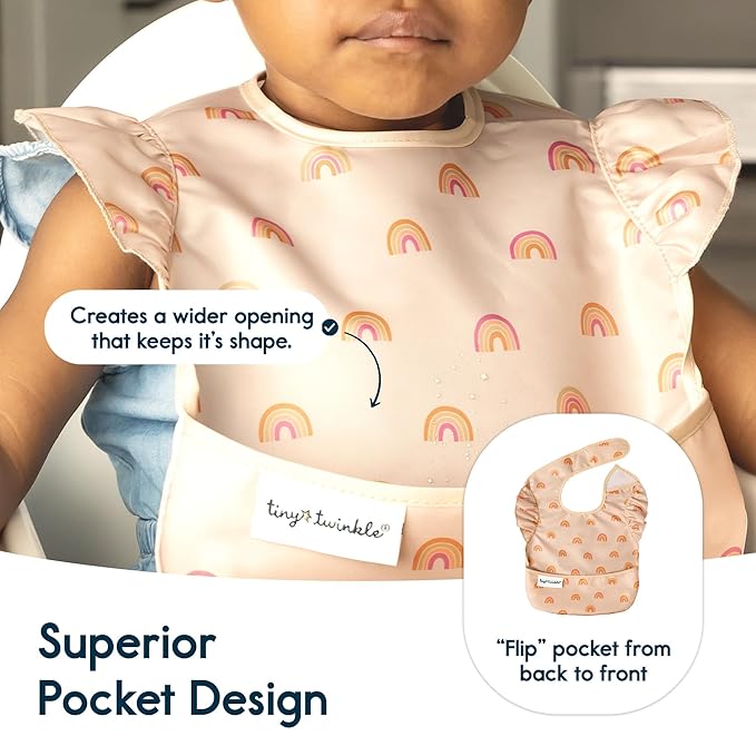 Tiny Twinkle Mess-Proof Baby Bibs for Eating | Waterproof, Wipeable Toddler Bibs with Catch-All Pocket | Feeding Bibs for Girls & Boys(3 Pack,Boho Set)
