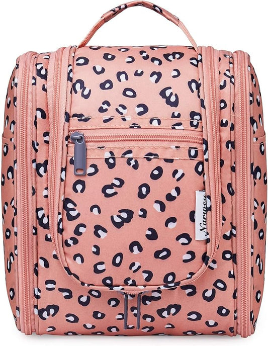 Narwey Cheetah Small Hanging Toiletry Bag Women Travel Makeup Bag Organizer Toiletries Bag for Travel Size Essentials Accessories Cosmetics (Medium, Orange Leopard)