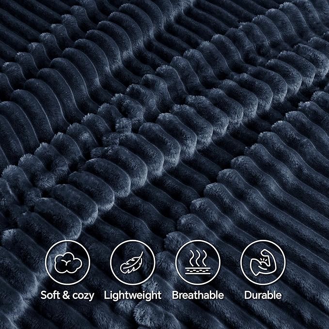 INFIIXSO Sherpa Fleece King Size Blanket - Super Soft & Warm Striped Fleece, Cozy Plush Fluffy Large Bed Blanket All Season Use (Navy Blue, 104x90 Inches)