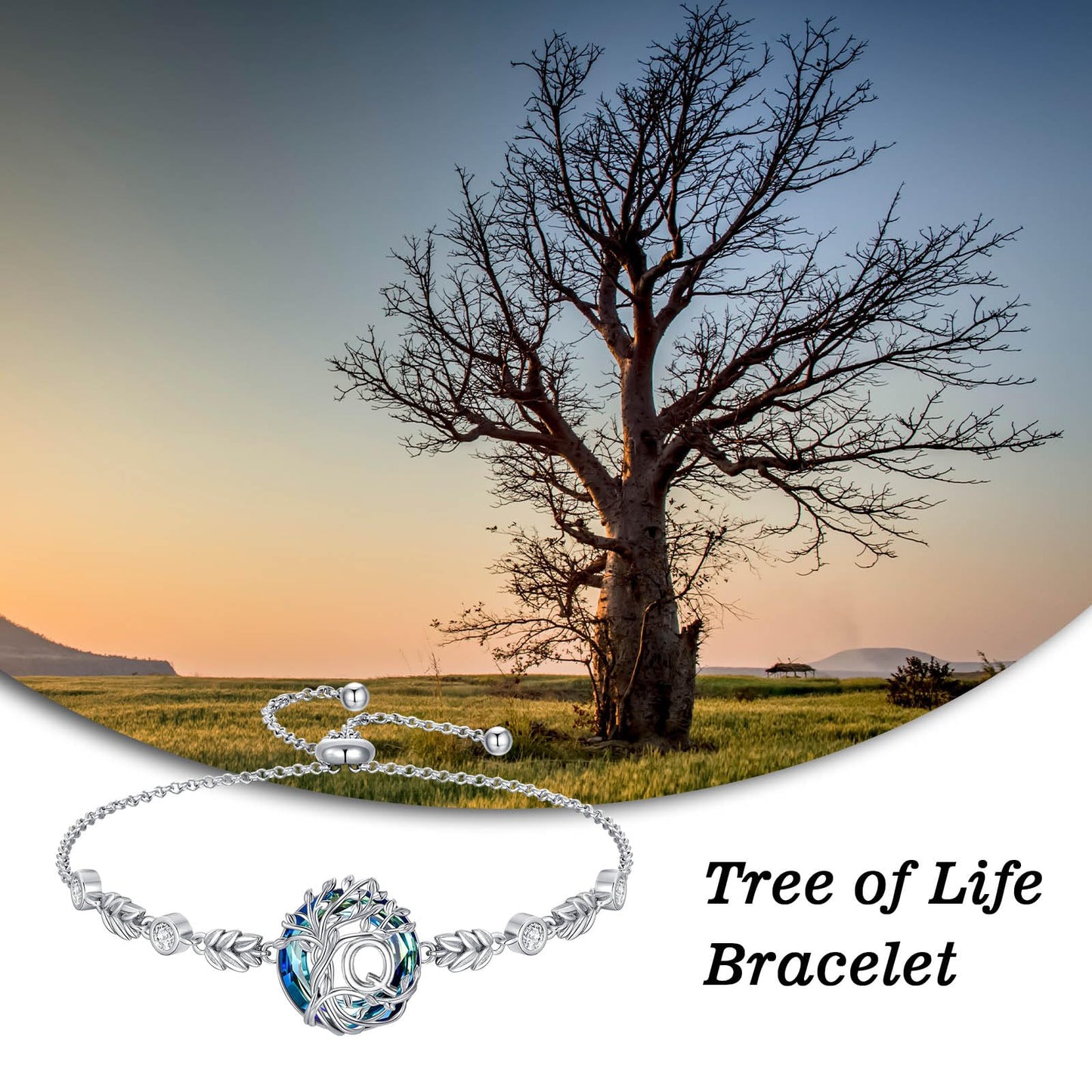TOUPOP Tree of Life Initial Bracelet Sterling Silver Initials Q Letter Link Bracelets Blue Circle Crystal Family Tree Birthday Mothers Day Jewelry Gifts for Women Mom Wife