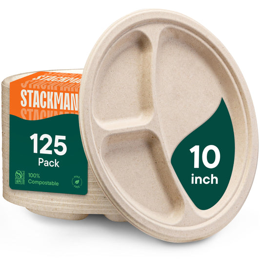 100% Compostable, 3 Compartment, Disposable Paper Plates [125-Pack] - {PFAS Free} - {BPA Certified} - [10 Inch] Heavy Duty Biodegradable Bagasse Sectional Lunch Trays + Dividers - Divided Platte Tray
