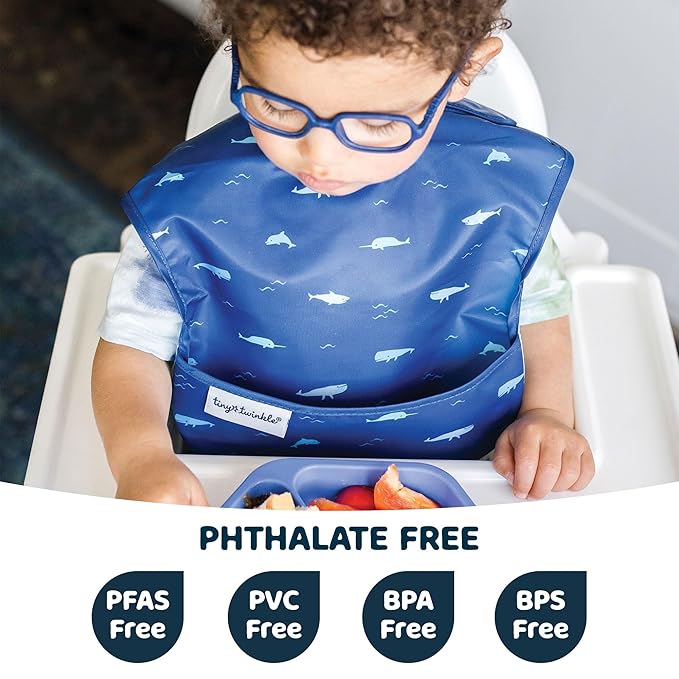 Tiny Twinkle Mess-Proof Baby Bibs for Eating | Waterproof, Wipeable Toddler Bibs with Catch-All Pocket | Feeding Bibs for Girls & Boys(3 Pack,Ocean Life Set)