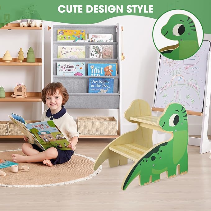 Toddler Step Stool, 2-Step Wooden Step Stool for Toddlers with Non-Slip Base, Cute Printed Design Potty Training Stool for Bathroom Sink, Kitchen & Bedroom (Dinosaur)