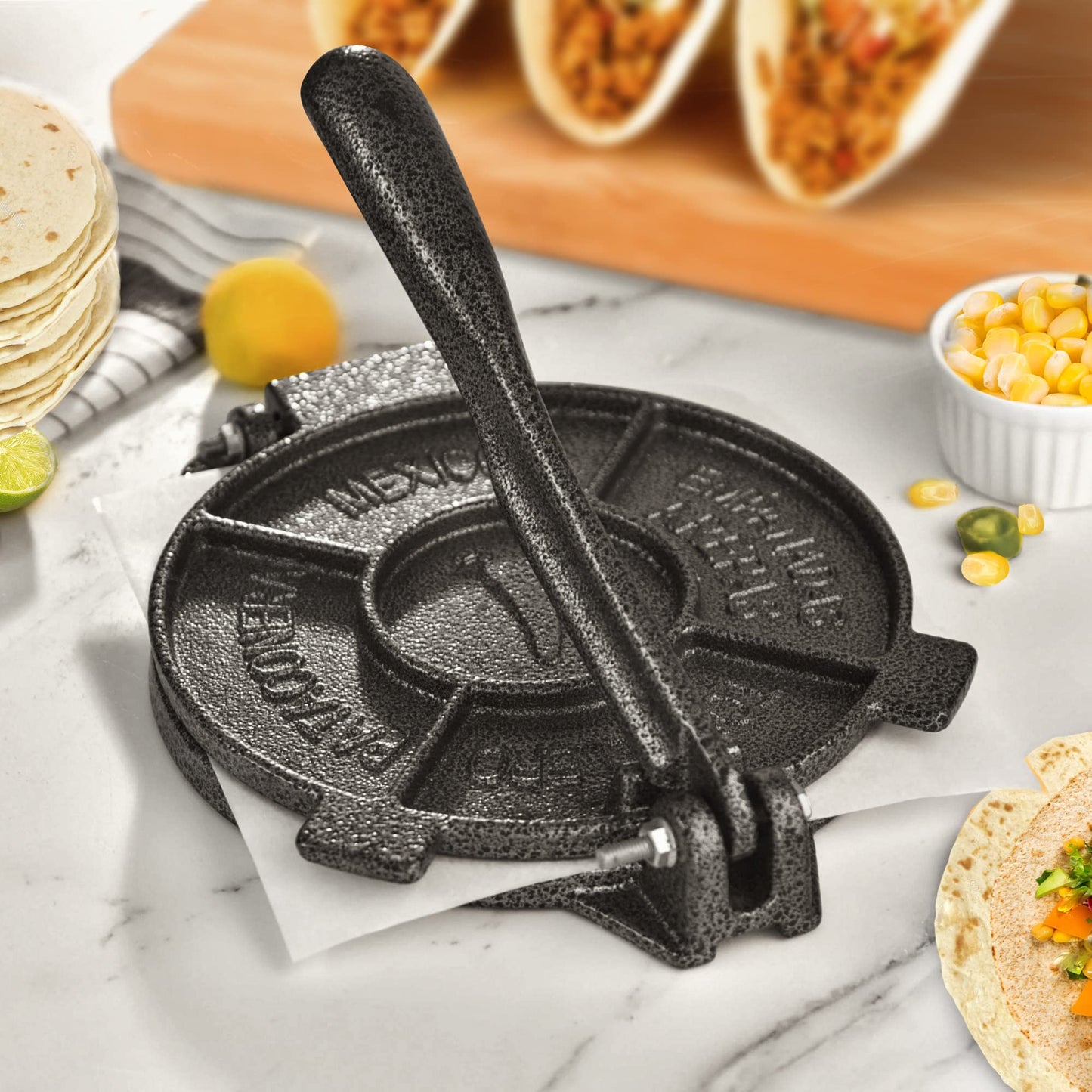 ARC Tortilla Press 8 inch, Cast Iron Tortilla Maker Include 100 Pcs Parchment Paper, Heavy Duty Tortillera Pataconera, Flour Tortilla Press, Roti Maker, Taco Maker, Taco Press, Black Gray