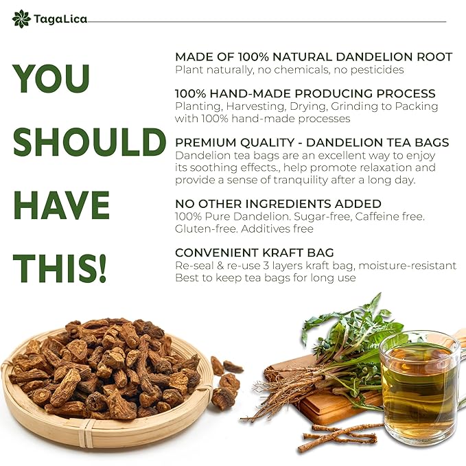 TagalicaTa Premium 55 Dandelion Root Tea Bags, 100% Natural & Pure from Dandelion Root, Eco-Conscious Tea Bags, Herbal Tea. No Sugar, No Caffeine, No Gluten, Vegan.