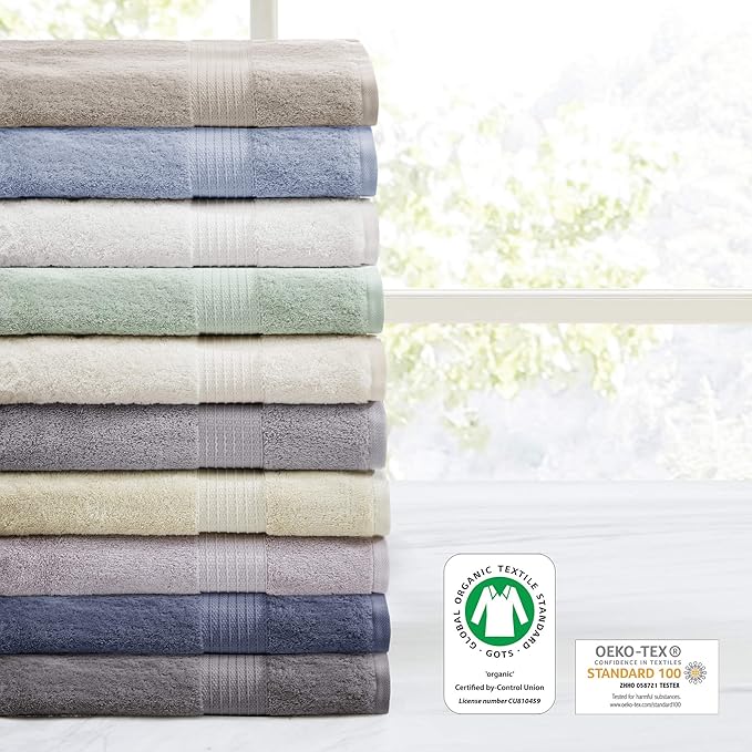 Madison Park Organic 100% Cotton Bathroom Towel Set, Hotel & Spa Quality Highly Absorbent, Quick Dry, Include for Shower, Handwash & Facial Washcloth, Multi-Sizes, Grey (Pack of 2)