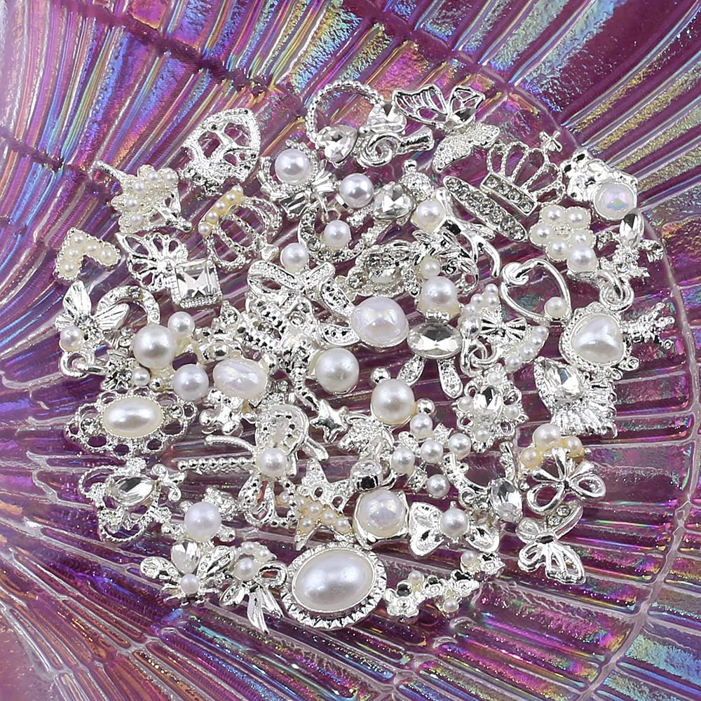 50pcs Luxury Nail Rhinestones Random Silver Nail Charms 3D Alloy Butterfly Nail Art Charms Metal Bowknot Bear Nail Gems Heart Star Flower Charms for Nails Mix Styles Nail Jewels for Nail Art Supplies