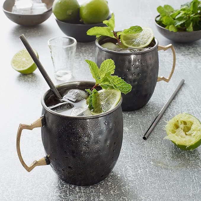 Artisan's Anvil Moscow Mule Mugs with Straws, Comfortable Brass Handle, Stainless Steel Made, Original Hammered Shape, Glossy Black Nickel Plated, Set of 2