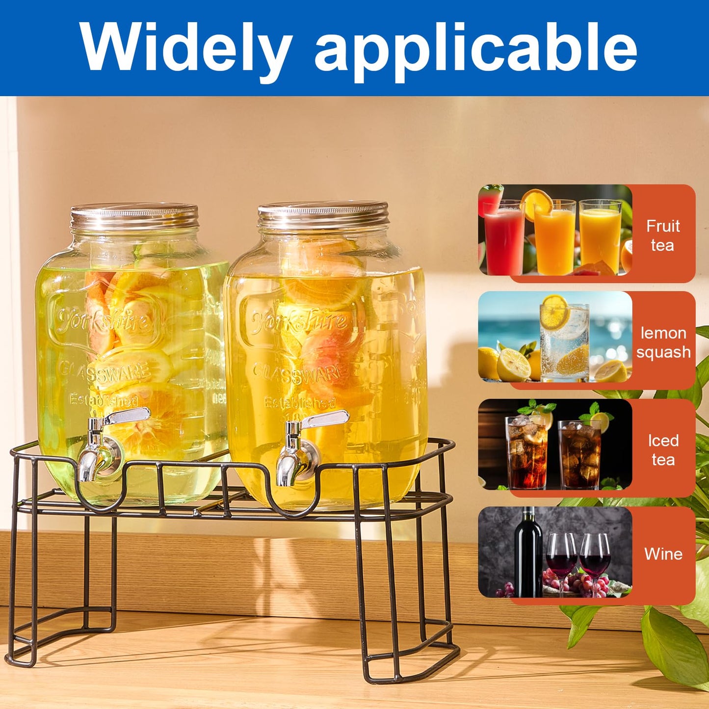 1 Gallon Glass Drink Dispensers for Parties, 2PACK Beverage Dispenser with Stand, Fruit Infuser and Stainless Steel Spigot 100% Leakproof, Beverage Dispenser for Lemonade Sun Tea