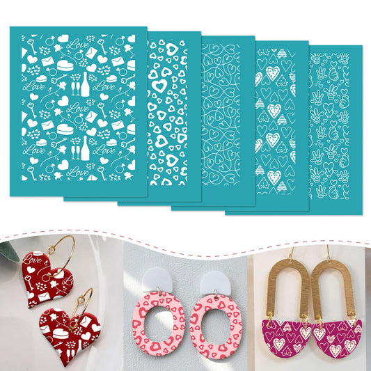 Briartw 5 Pattern Clay Silk Screen Stencil Set for Polymer Clay – Valentine's Day Earring Stencil Set - DIY Craft Templates – for Polymer Jewelry,Earrings,Sculpting & Decorative Art - 4.13x3.35 Inch