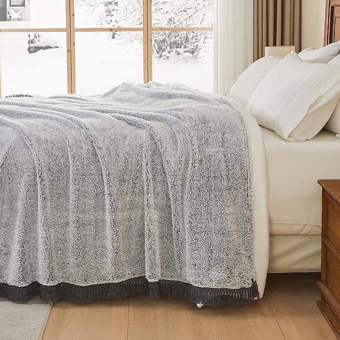 EMME Fuzzy Blanket Soft Fleece Throw Blankets for Women, Fluffy Sherpa Throws(Tassel Grey,90"x90")