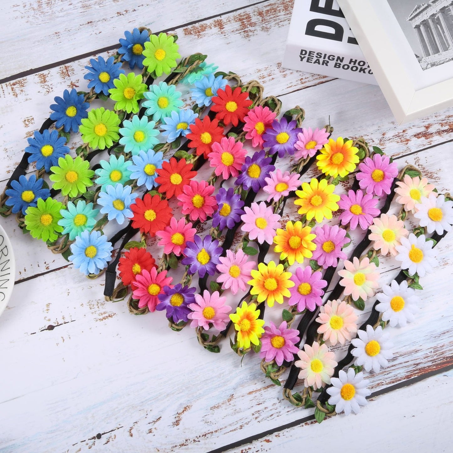 Bememo 12 Pieces Flower Headband Girl Women Daisy Flower Crown Hippie Floral Wreath Headband for Festival Wedding Bridal Party (Classic)