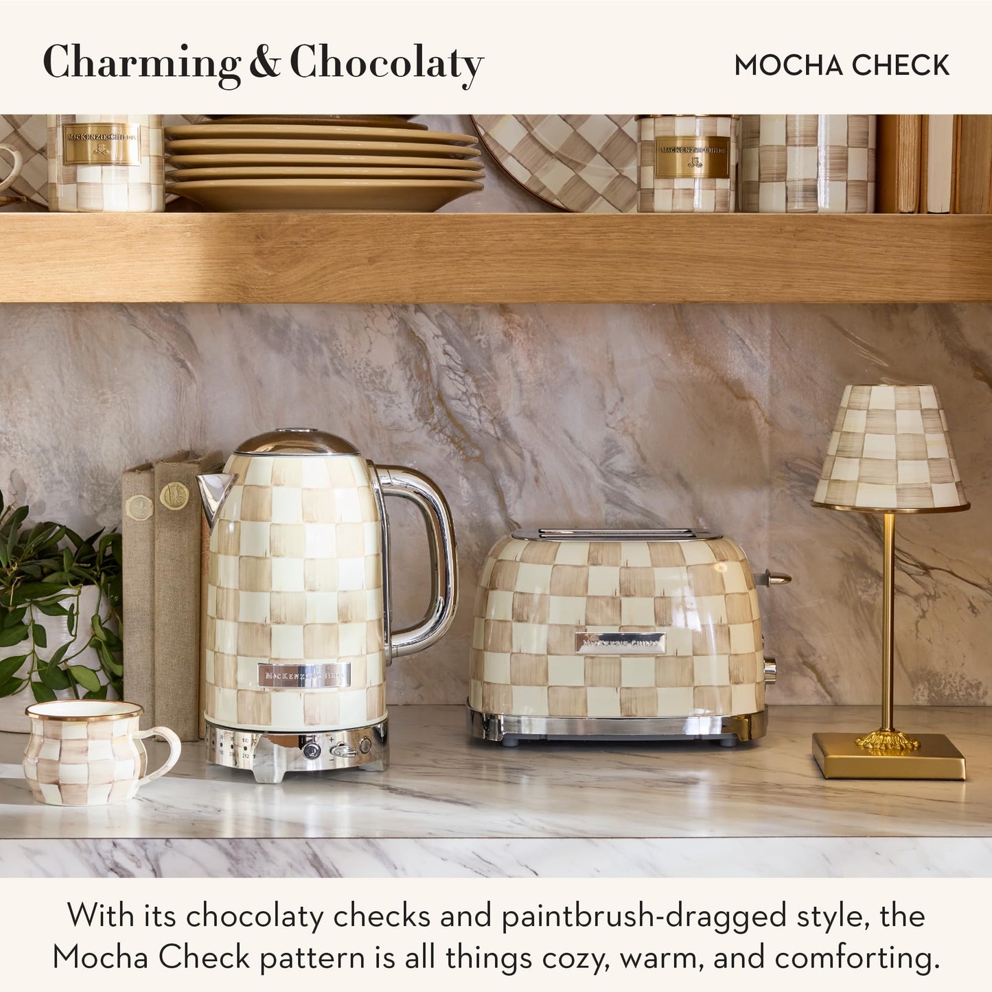 MACKENZIE-CHILDS Electric Kettle, Stainless-Steel Tea Kettle, Brown-and-White Mocha Check
