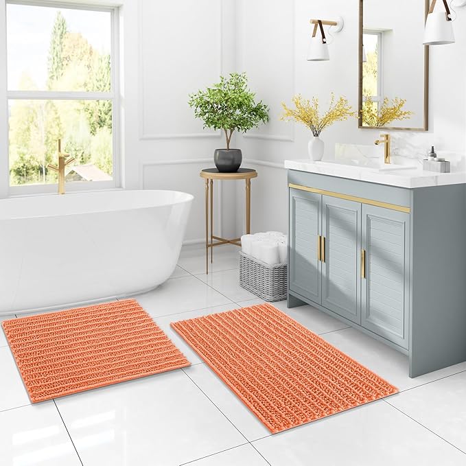 Arotive Luxury Chenille Bathroom Rug Mat, Extra Soft Thick Absorbent Shaggy Bath Rugs, Non-Slip Machine Wash Dry, Plush Bath Mats for Bathroom, Shower and Tub, 34x21, Coral