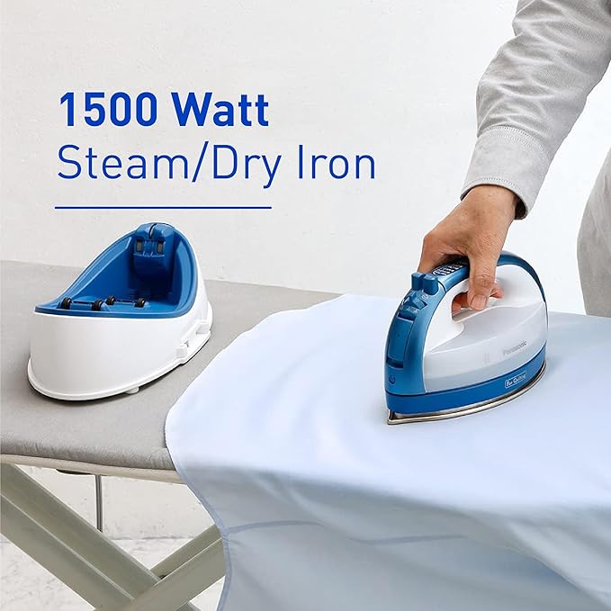 Panasonic Cordless Iron, Portable 360-Degree Freestyle Dry/Steam Iron with Precision Tips and Stainless Steel Soleplate, Anti-Calc and Anti-Drip, Power Base and Carrying/Storage - NI-QL1000A (Blue)
