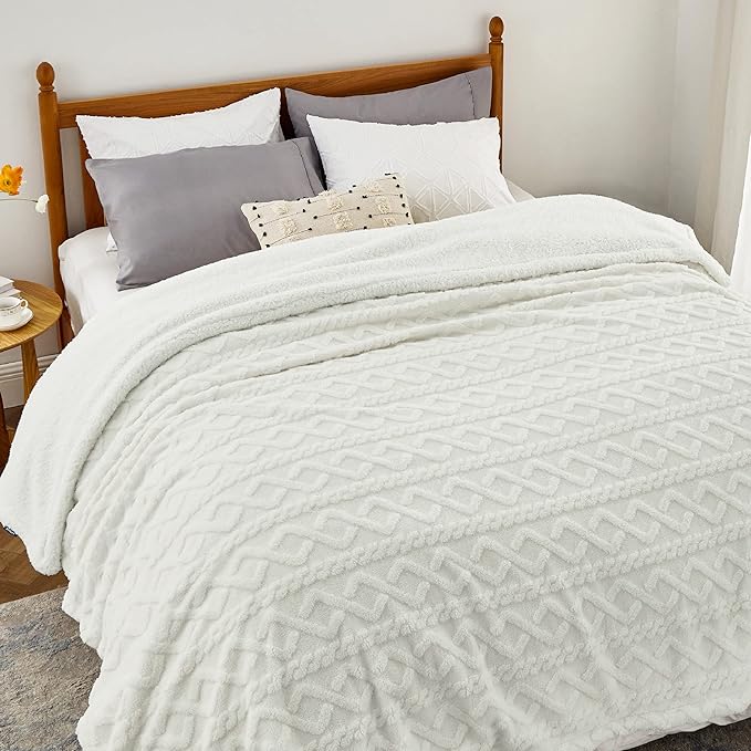 Bedsure Sherpa King Size Blanket for Bed- GentleSoft Fleece Fluffy & Cozy Cable Jacquard Tufted for Women Gift, Thick and Warm Blankets for Winter, Cream, 108x90 Inches