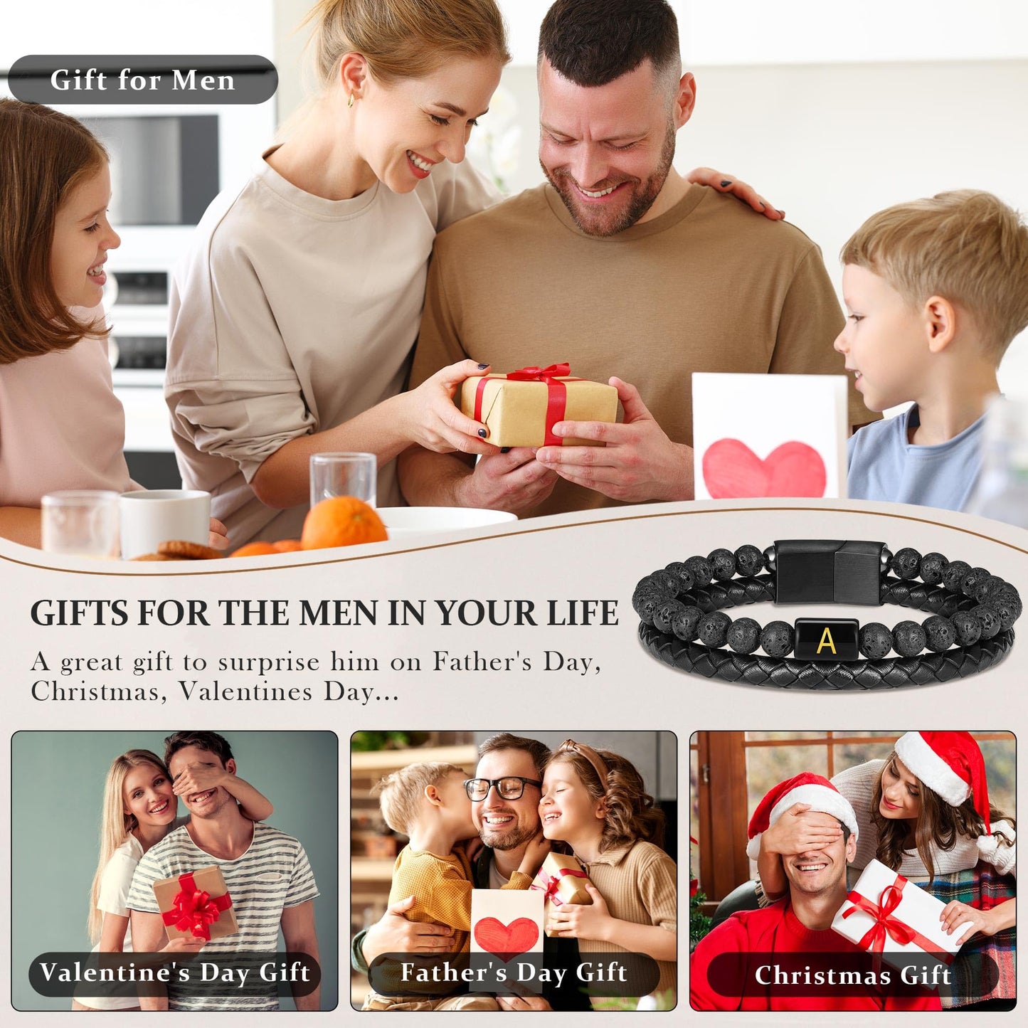 Bracelets for Men - Men Gifts Lava Rock Bead Magnetic Clasp Black Mens Leather Bracelet with Initial Black Mens Leather Bracelets Initial X Bracelet for Men's Jewelry Men's Gifts for Dad Husband Him
