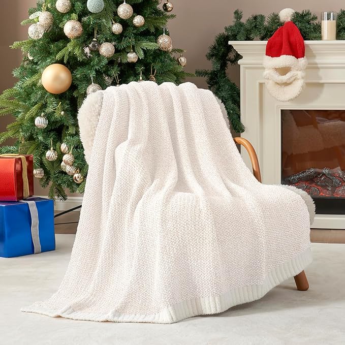 Snuggle Sac Buttery Ivory Throw Blanket for Couch, Reversible Super Soft Knitted Blankets, Warm Cozy Knit Fuzzy Plush Lightweight Throws Dupes for Sofa, Bed, Picnic, Ivory, 50 x 60 inches