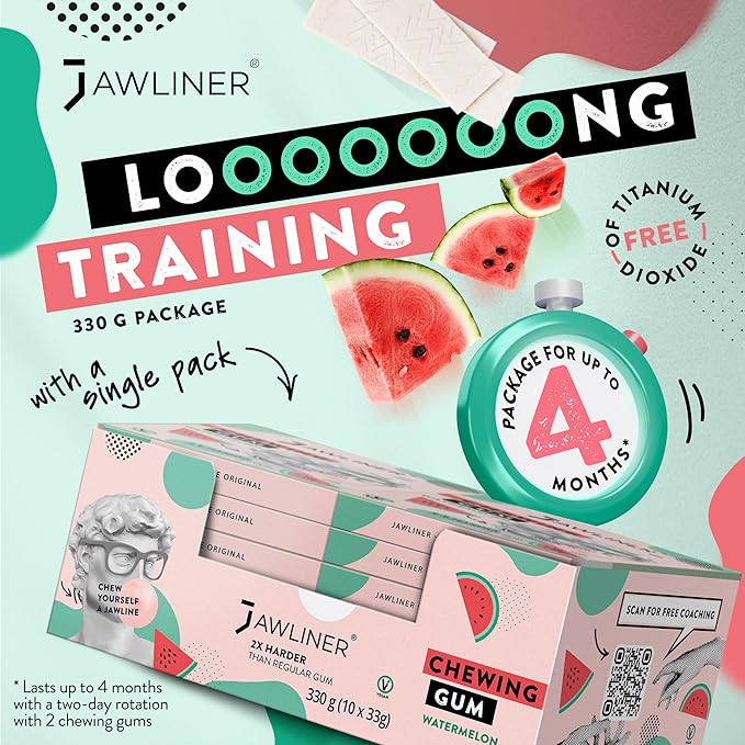 Jawliner® Hard Jwaline Chewing Gum - Sugar Free Watermelon Tough Jaw Gum - Jaw Exerciser Strong Mewing Jawline Mistic Gum - 2x Harder than Regular Chewing Gum 130 Grams (48 Strips)