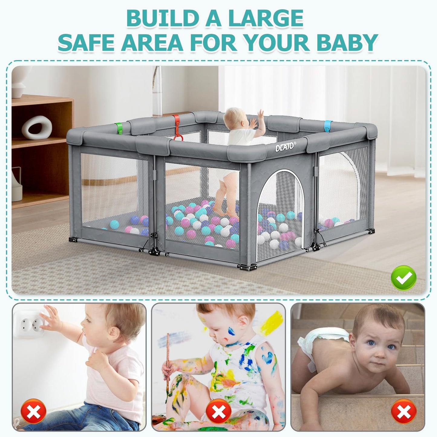 OCATO Baby Playpen Play Pen: Foldable Playpen for Babies and Toddlers Playard for Indoor Outdoor Activity Center Game Fence Safety Area Toddler Play Pen for Babies 6-12 Months Baby Gifts (50" × 50")