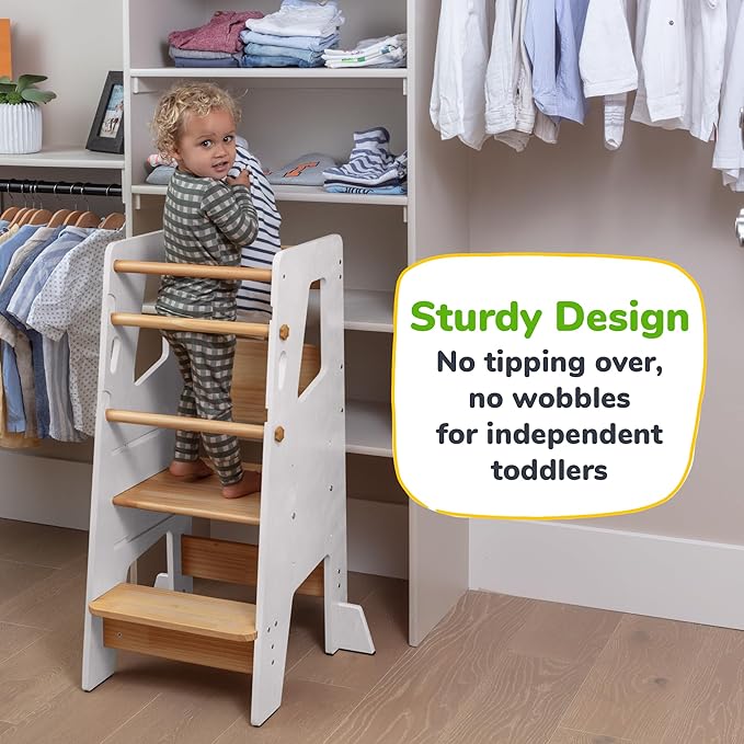 OCODILE Toddler Standing Tower - Adjustable Height Toddler Kitchen Stool Helper - Ideal Kids Kitchen Step Stool for Learning New Skills - Updated Design with Safety Feet - White