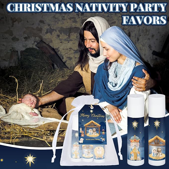 Dunzy 50 Sets Nativity Lip Balm Bulk Christian Religious Moisturizing Lip Balms Holiday Treat Gifts Favors with 50 Organza Bags 50 Tags for Women Christmas Stocking Stuffers Party Supplies
