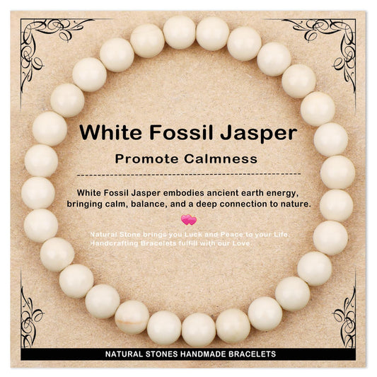 AD Beads 6mm Handmade White Fossil Jasper Elastic Bracelet – Natural Gemstone for Promote calmness – Meditation, Yoga, Healing and Energy Gift for Men Women