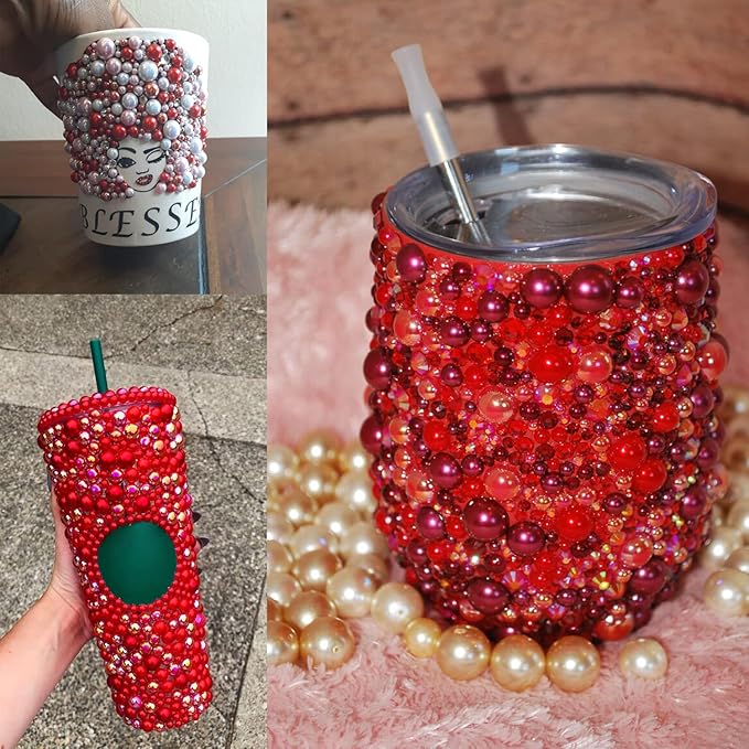 4000PCS Flatback Rhinestones and Half Round Pearls Kit #4, Multi Size Glass Clear & AB Crystals, Plastic Flat Back Red AB Dome Bead with Pickup Pencil and Tweezer for Nail Art