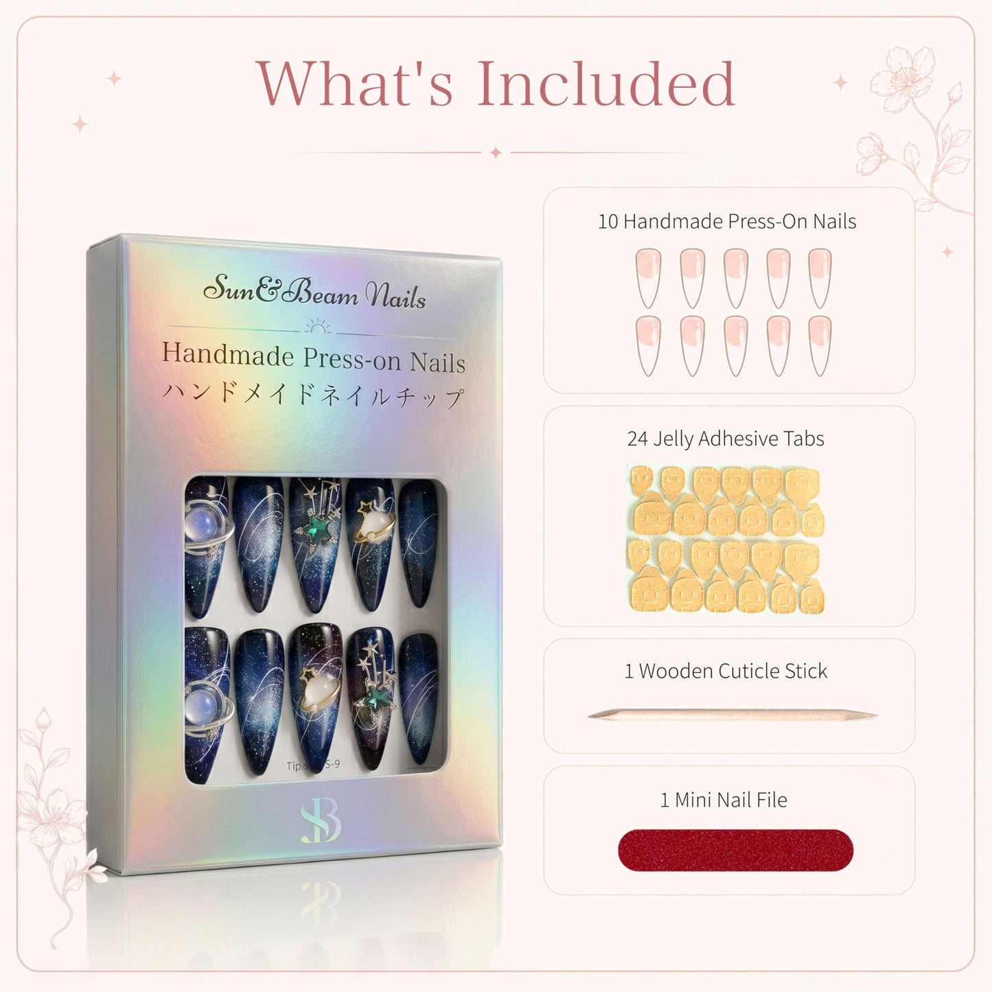 Sun&Beam Nails Handmade Press On Nail Short Round Hand-painted Golden Flowers Acrylic Fake Tip Design Art Charms Cute with Storage Box 10 Pcs (#005 M)