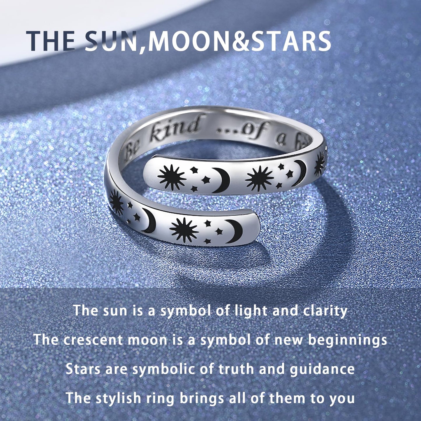925 Sterling Silver Inspirational Jewelry Adjustable Wrap Open Ring Encouragement Gift for Women (Sun & Moon - Be kind ...of a b*tch)